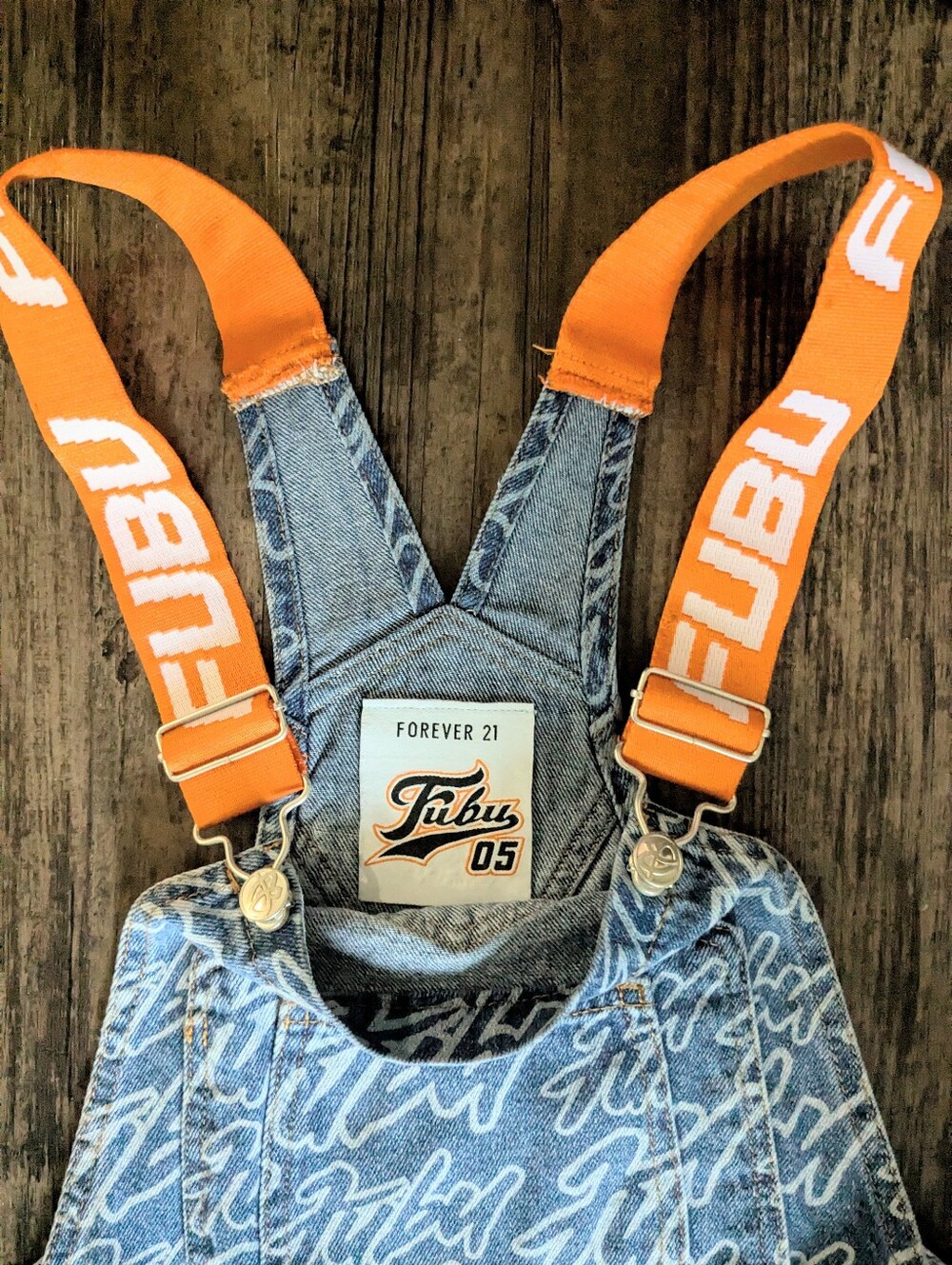 FUBU Logo Print Denim Overalls Blue Orange 2022 F21 Collab - Picture 3 of 14